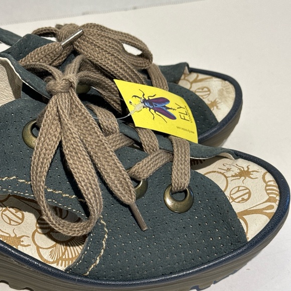 Fly London Lace Up Wedge Blue Perforated Leather Sandals EUR 42 New With Tags - Picture 6 of 13